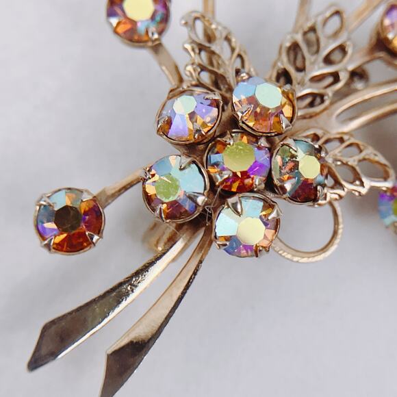 VTG Mid Century Gold Tone Aurora Borealis Rhinestone Floral Brooch Pin 50s 60s - Picture 5 of 9